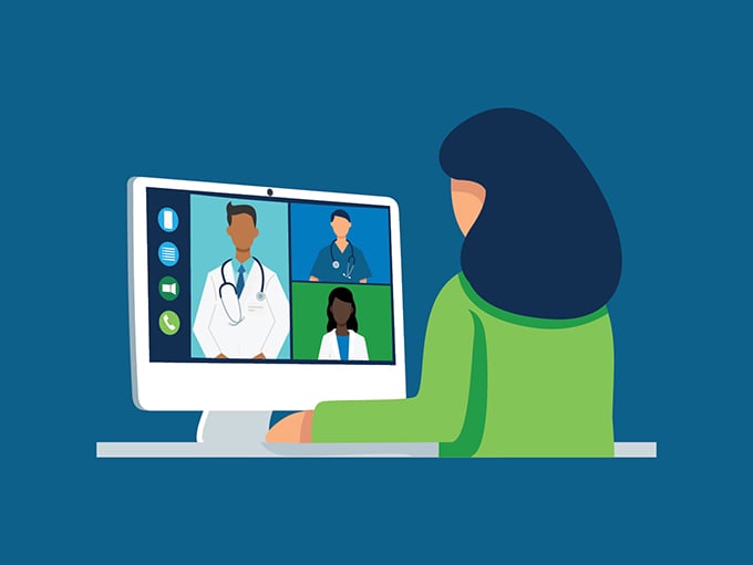 Assigning your expert physician - illustration of woman talking to doctors on computer screen